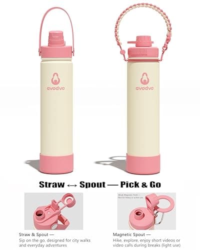 avodvo 24 oz Insulated Water Bottle with 2 Lids (2-in-1 Straw & Spout Lid, Magnetic Lid), Slim Water Bottle with Strap, Stainless Steel Water Bottle for Hiking, Gym, Travel, BPA-Free, Light Pink - Thumbnail 4