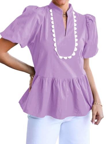 Cicy Bell Womens Puff Sleeve Peplum Blouses Ruffle V Neck Summer Casual Tops Babydoll Loose Fit Shirts Light Purple - Image 1