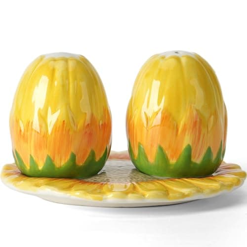 Hand-Painted Sunflower Ceramic Salt and Pepper Shaker Set - Farmhouse Kitchen Decor,Includes Storage Tray, Perfect Housewarming & Hostess,Birthday Gift