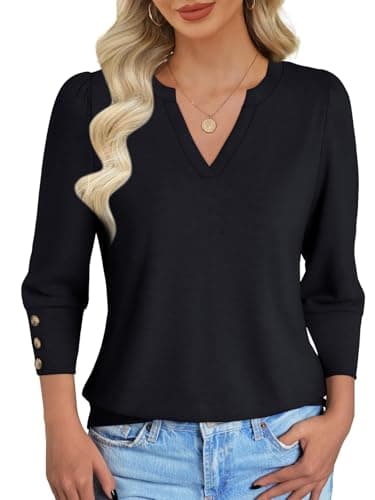 NORACORA Blouses for Women Dressy Casual 3/4 Length Sleeve Womens Tops V Neck Loose Fit T Shirts Beach Vacation Spring Summer Fall Shirts Black XXL - Thumbnail 4