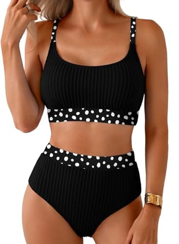 Herseas Women's Textured Black Bikini Sets Polka Dots Trim Scoop Adjustable Spaghetti Straps Swim Suits 2026 High Waisted Bathing Suits Modest Cruise Essentials X-Small - Image 1