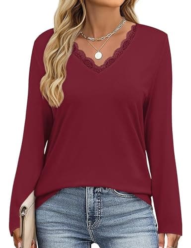 JUSTFASHIONNOW Shirts for Women Long Sleeve Lace Tops V Neck Solid Tshirt Plus Size Blouses Business Casual Fashion Tops Trendy Winter Clothes (Wine Red,XX-Large) - Thumbnail 4