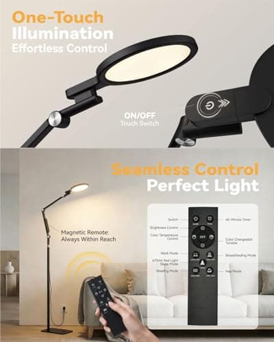 Sun Lamp 12000 Lux Full Spectrum Daylight Therapy Floor Lamp with 670nm Red Light Therapy and Monitor Mount 6-in-1 Modes 9 Color Temperatures 10 Brightness Magnetic Remote 43-68.5 Adjustable UV-Free - Thumbnail 6