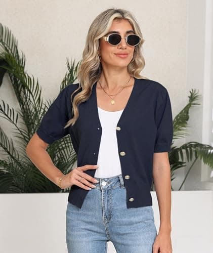 COSSEN Cardigan for Women Trendy Dressy Navy Blue Medium V Neck Bolero Crop Coat Crochet Button Down Short Sleeve Short Tops Open Front Lightweight Jacket Summer Knit Cropped Shrug for Dress - Thumbnail 6