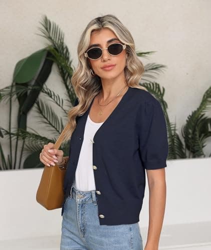 COSSEN Cardigan for Women Trendy Dressy Navy Blue Medium V Neck Bolero Crop Coat Crochet Button Down Short Sleeve Short Tops Open Front Lightweight Jacket Summer Knit Cropped Shrug for Dress - Thumbnail 4