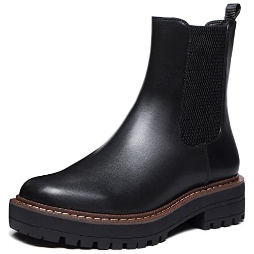 Athlefit Women's Chelsea Ankle Boots Platform Slip On Chunky Heel Lug Sole Leather Booties Black 7