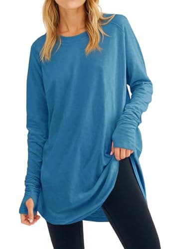 Fisoew Women's Casual Long Sleeve Tops Crew Neck Round Hem Loose T-Shirts Tunic Tops with Thumb Holes Blue - Image 1
