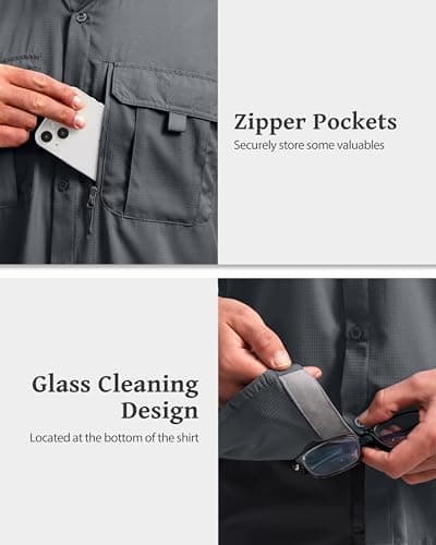 BETBO Men's Short Sleeves Fishing Shirts Button Down Summer Travel Work Shirts with Zipper Pockets(Dark Grey, Small) - Thumbnail 4