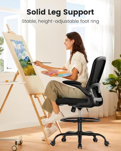 ErGear Drafting Chair, Standing Desk Chair with Flip-Up Armrests, High Desk Chair Adjustable Height, Ergonomic Tall Office Chair with Lumbar Support and Adjustable Footrest Ring - Thumbnail 6