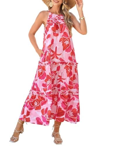 GRACE KARIN Women's Boho Maxi Dress Casual Summer Loose Long Floral Sundresses Flowy Halter Tiered Beach Vacation Dresses for Women Pink Bright Flower S - Image 1