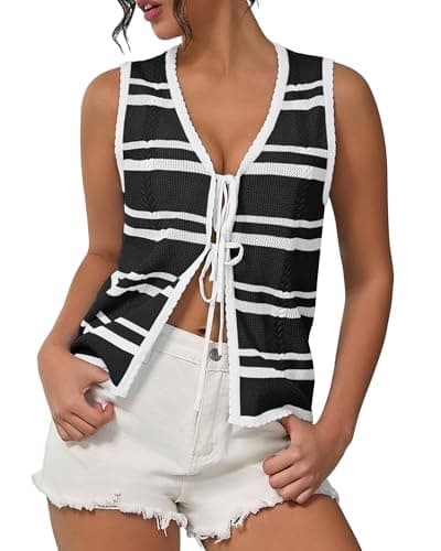 IEEILULU Women Sleeveless Knit Vest Striped V Neck Tie Front Sweater Vests Y2k Crochet Tank Tops for Going Out Beach Vacation (Black White Stripe, M) - Image 1