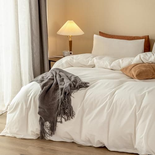 ELIMMO Cooling Super King Duvet Cover Set 3 Pieces-100% Washed Cotton Linen Like Textured Ultra Soft Cozy Bedding-Zipper Closure,Includes 1 Duvet Cover & 2 Pillow Shams(Off White,Super King 108"x98") - Thumbnail 6
