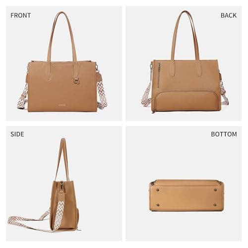 buyborgood Women’s Large leather Work Tote Bag with 14" Laptop Compartment Insulated Lunch Box, Light Brown - Thumbnail 3