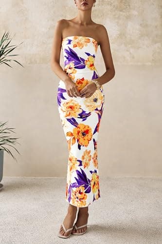 PRETTYGARDEN Women's 2026 Summer Floral Bodycon Maxi Dresses Ribbed Strapless Tube Casual Boho Party Long Dress (Floral White Yellow,Small) - Thumbnail 4