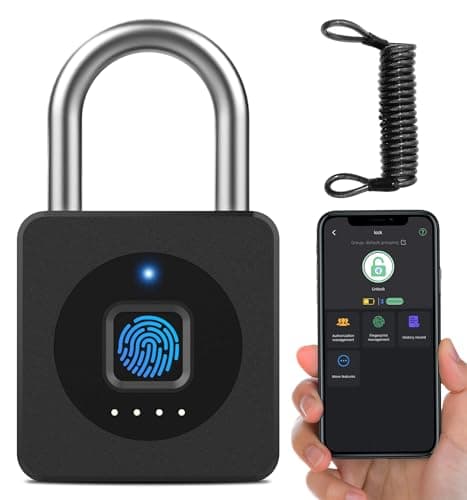 eLinkSmart Fingerprint Gym Locker Lock, Keyless Biometric Padlock, Weatherproof Electronic Digital Smart Combination Pad Lock for Outdoor Fence Gate Storage Helmet Ski Pool Shed (Black, with Cable) - Image 1