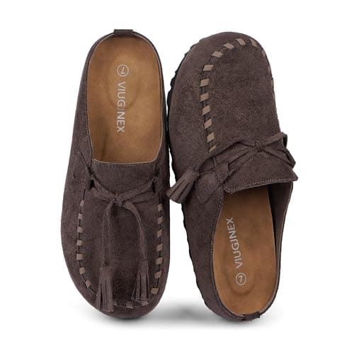 VIUGJNEX Womens Clogs Slip on Tassel Fringe Suede Mules for Women Comfortable Footbed Loafers Potato Shoes with Arch Support Round Toe Office Casual Walking Flats Work Shoes Tuape Size 10 Taupe - Image 1