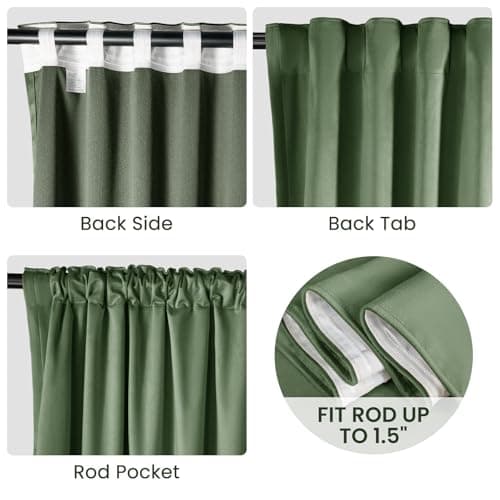 Uqocnh Green Velvet Curtains 63 Inches Long, Thermal Insulated Olive Green Blackout Curtains for Living Room Bedroom Curtain Set Rod Pocket Back Tab Room Darkening Drapes, 2 Panel Olive Green - Thumbnail 4