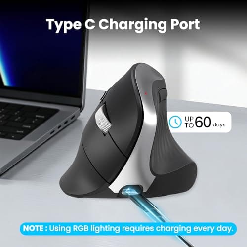 CITLLA Wireless Ergonomic Vertical Mouse, Rechargeable Tri-Mode (Dual Bluetooth + 2.4G USB) Optical Mouse with Adjustable RGB Lighting, Multi-Device Control for Laptop, PC, Mac, iPad, Desktop (Black) - Thumbnail 6