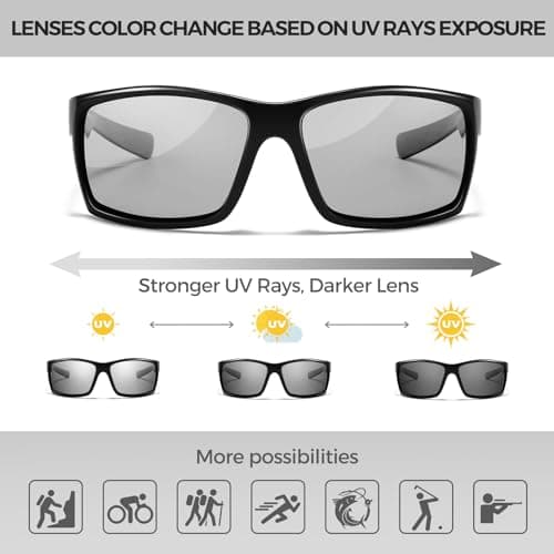 SUNGAIT Polarized Photochromic Sunglasses for Men: Rectangle Sports Sun Glasses UV Protection (Bright Black Frame/Photochromic Lens) - Thumbnail 3