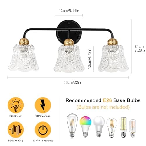 YUNICE 3 Light Bathroom Vanity Light Fixtures Brushed Black and Gold Wall Sconce with White Glass Shade E26 Base Vintage Mirror Lights for Bathroom, Bedroom Antique Brass Wall Lamp - Thumbnail 3