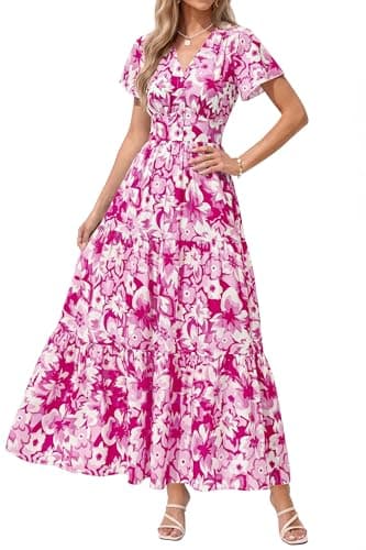 PRETTYGARDEN Women Summer Maxi Dresses 2026 Short Sleeve V Neck Button Floral Tiered Flowy Boho Sundress Beach Outfits(Floral White Rose Red,Large) - Image 1