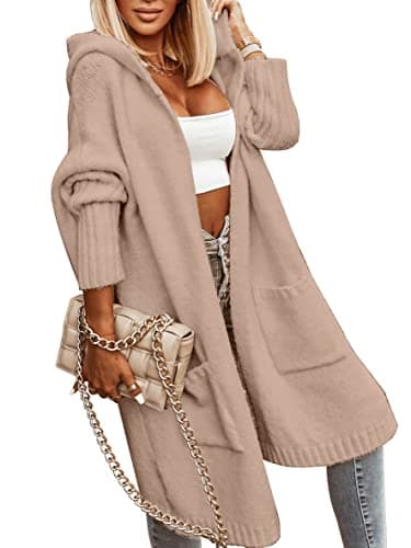 Aoysky Womens Long Cardigans Cable Knitted Open Front Oversized Hooded Outerwear Sweater Coat Apricot - Image 1