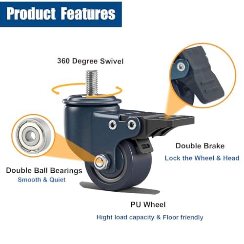 TESUMI M8 Stem 1.6 Inch Caster Wheels, Metric M8-1.25 Threaded Stem Casters Set of 4 Heavy Duty 450LBS Load, Locking Brake Swivel Small Castor Wheels for Furniture Carts Wire Shelving Workbench - Thumbnail 4