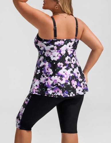Hanna Nikole Plus Size Swimsuit for Women Full Coverage Swim Dress Two Piece Swimsuit Tankini Bathing Suits Gradient Flowers 28W - Thumbnail 2