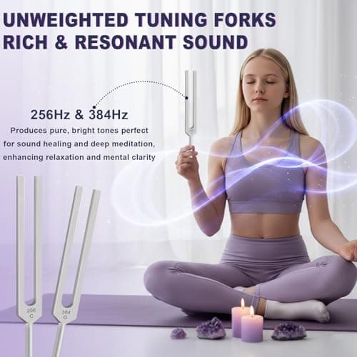 Tuning Forks for Healing Set – 128Hz 136.1Hz 256Hz 384Hz Weighted & Unweighted Sound Healing Tuning Forks for Chakra Balancing, Meditation, Yoga & Relaxation with Activator, Gem Feet & Storage Pouch - Thumbnail 2