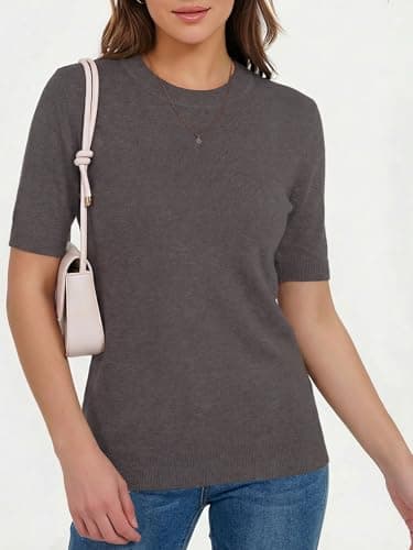 LaGracia Wool Blend Sweaters for Women Crewneck Short Sleeve Lightweight Sweater Office Summer Outfits Coffee 2XL - Thumbnail 5