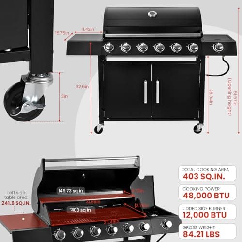 RYHOFOUD Q032-6-Burner w/Side Burner Gas Grill with 403 SQ.IN. Outdoor Grill with 60,000 BTU,Propane Grills with Top Cover Lid,Grills Outdoor Cooking for Patios,Balcony,Camping,Garden - Thumbnail 3