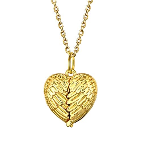 Bestyle Silver Gold Heart Shape Angel Wing Lockets for Women That Hold Picture, 18K Gold Plated Memorial Message Photo Lockets Heart Pendant, Love Heart Jewelry for Birthday Anniversary - Image 1