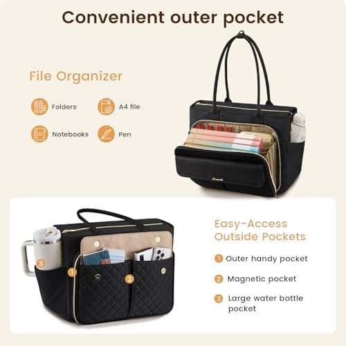 LOVEVOOK 15.6 Inch Teacher Tote Bag for Women Work with Accordion File Area, Laptop Work Tote Bag with Laptop Compartment, nurse Handbag Bags with Large Capacity & Cup Holder, black - Thumbnail 3
