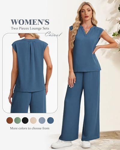 IEEILULU Two Piece Set for Women Summer Spring Outfits V Neck Sleeveless Tank Tops Wide Leg Pants Sets Vacation Travel Outfits Matching Sets (Blue, L) - Thumbnail 5