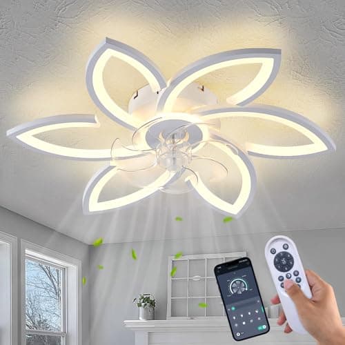 Dalouguan Ceiling Fan with Lights Remote Control, White Flower Ceiling Fan with Light, 3 Light Color Modern Low Profile Flush Mount Ceiling Fan for Kitchen Bedroom Living Room