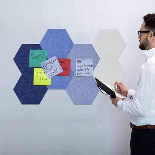Vienrose Hexagon Felt Bulletin Board Self Adhesive Pin Board Wall Decoration Tiles with 35 Push Pins for Office Home and School, Blue Series 8 Pack - Thumbnail 6
