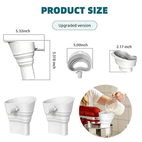 2 Pcs Mess-Free Flour Funnel for Kitchen Aid Mixer, Food-Grade Silicone Funnel, Stand Mixer Attachment for 4.5–5 Qt Tilt-Head Models, Dishwasher Safety (White 2pcs) - Thumbnail 2