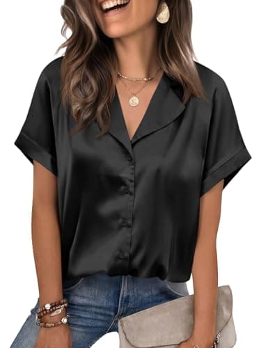 Cicy Bell Womens Summer Satin Button Down Shirts Silk Short Sleeve V Neck Casual Dressy Tops Loose Fit Collared Work Blouse Black - Image 1