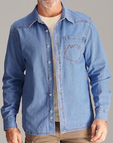 CHRONOLINE Men’s Long Sleeve Denim Shirt Western Button Up Washed Denim Jeans Shirt Vintage Cotton Work Shirt for Men, Stonewash Blue, S - Thumbnail 2