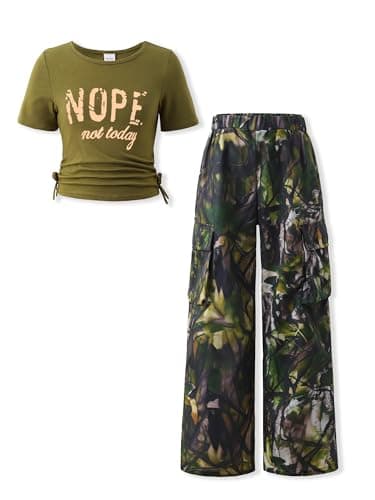 AMAWMW Girls Clothes Summer Outfits Short Sleeve Letter Print Ruched Tops and Cargo Pants Set Kids Clothing Army Green 11-12Y - Image 1