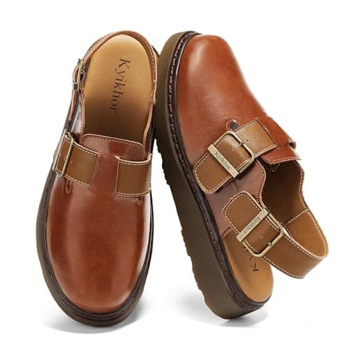 KYIKHOR Women's Genuine Leather Clogs for Women Comfort Women Loafer Slip-on Business Casual Dress Shoes Lightweight Leather Mules Office Work Everyday Walking Flats Brown,6 M US - Image 1
