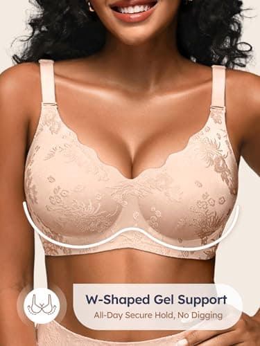 Cuteio 2 PCS Wireless Jelly Bras for Women No Underwire S/M, Seamless Comfortable Jacquard Bralettes, Padded Convertible Bra, 2PCS, S, Skin+Gray Pink - Thumbnail 3