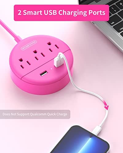 Pink Extension Cord 25ft, NTONPOWER Flat Plug Power Strip with Long Extension Cord, 3 Outlet 2 USB Compact Desktop Charging Station Wall Mount for TV Living Room, Dorm, Office and Nightstand - Thumbnail 3