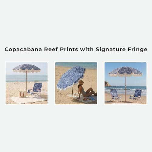 DEER LAND 6FT Fringe Beach Umbrella for Sand, Boho Coastal Patio Umbrella with Tassels, UPF 50+ Sun Protection, Tilt, Carry Bag for Beach Vacation & Pool, Reef Indigo - Thumbnail 5