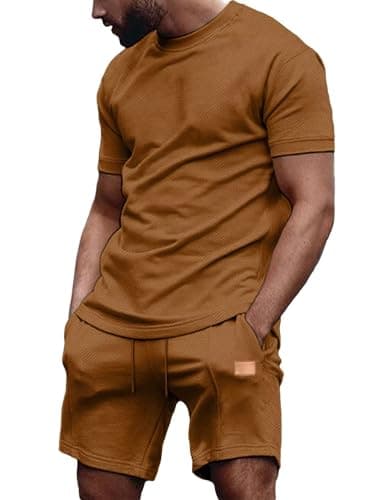 JMIERR Lounge Sets for Men Pajama 2 Piece Outfits Set Short Sleeve T Shirts and Shorts Matching Sleepwear Loungewear Sweatsuit with Pockets, XL, Brown - Image 1