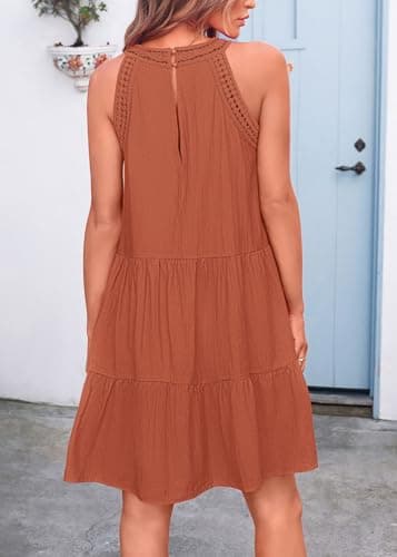 KIRUNDO Women Summer Halter Sundress 2026 Spring Casual Sleeveless Boho A Line Mini Beach Vacation Dress Cruise Resort Wear(Small, Brown Orange) - Thumbnail 3