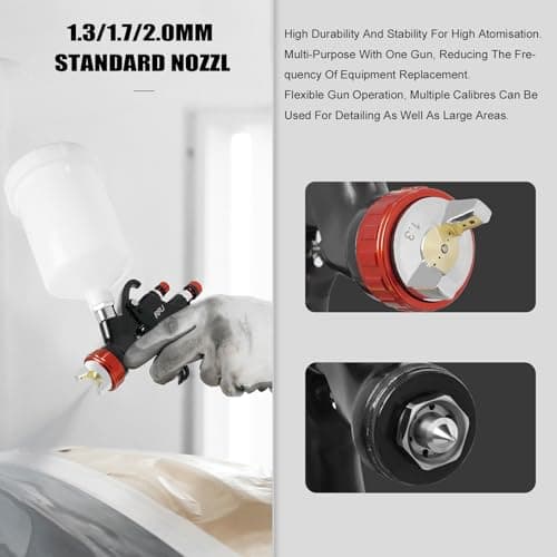 RRJ A610 LVLP Air Spray Gun Premium Kit, R500 LVLP Paint Gun Updated Version, 1.3/1.5/1.7mm Nozzles & Air Regulator Auto Paint Gun for House Painting, Car Primers and Top Coat - Thumbnail 3