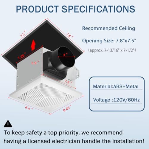 NOVELUX Bathroom Exhaust Fan: 88 CFM Quiet 1.2 Sones Ceiling Mount Bathroom Vent Fan 7.5"x7.8" High Airflow Household Ventilation Fans for Bedroom Laundry Kitchen - UL & HVI Certified - Thumbnail 3