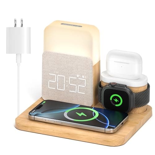 Alarm Clock Charging Station for Bedrooms, 7 in 1 Wireless Charging Station, Magnetic Charger with Night Light Bedside Clock for iPhone 17 16 15 14 13 12 Pro Max, Apple Watch, AirPods (Wood) - Image 1