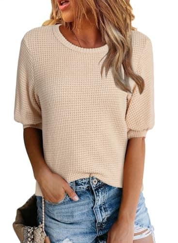 Dokotoo Women's Casual Crewneck Short Lantern Sleeve Blouse Waffle Knit Pullover Shirt Beige S/M/L/XL/XXL - Image 1